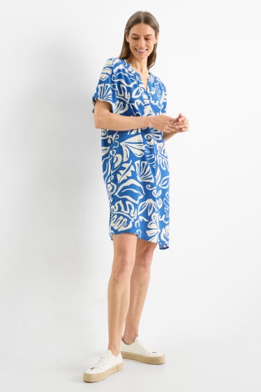 Women - Viscose V-neck dress - patterned - blue / beige