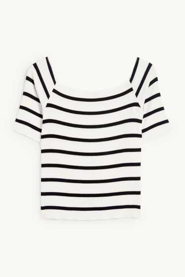 Femmes - T-shirt - regular fit - finition côtelée - à rayures - blanc / noir