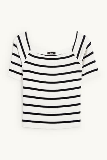 Femmes - T-shirt - regular fit - finition côtelée - à rayures - blanc / noir