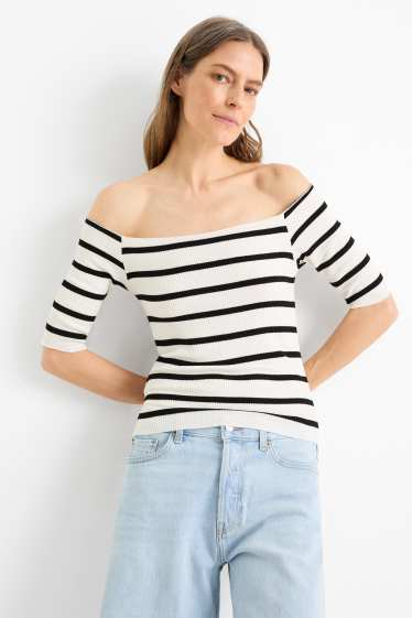 Femmes - T-shirt - regular fit - finition côtelée - à rayures - blanc / noir