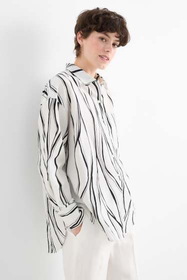 Damen - Bluse - Leinen-Mix - gemustert - schwarz / weiß