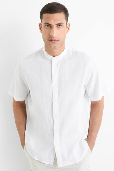 Herren - Hemd - Regular Fit - Stehkragen - Leinen-Mix - weiß