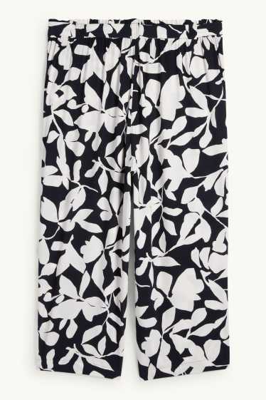 Femmes - Pantalon en toile - mid waist - wide leg - motif - texturé - bleu foncé / blanc crème