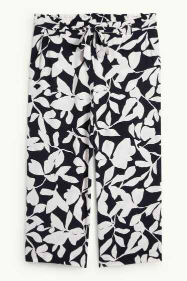 Femmes - Pantalon en toile - mid waist - wide leg - motif - texturé - bleu foncé / blanc crème