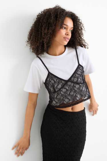 Dona - Samarreta de màniga curta crop - oversized - look 2 en 1 - blanc/negre