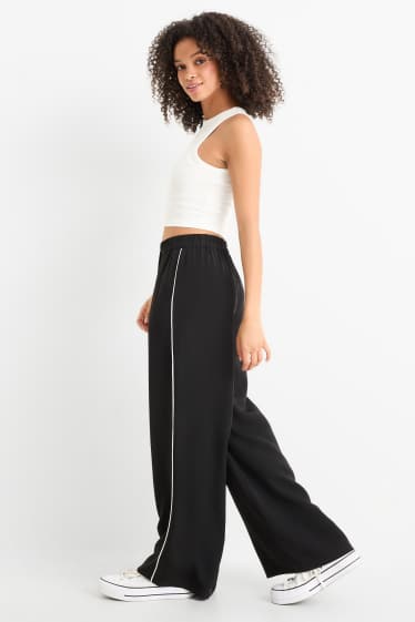 Dámské - Plátěné kalhoty - mid waist - wide leg - černá