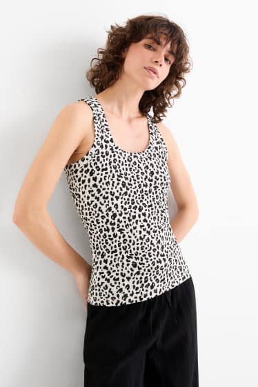 Dames - Basic top - luipaardvelprint - ribstof - zwart / wit