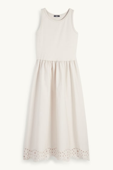 Dames - Fit & flare-jurk - Broderie Anglaise - licht beige