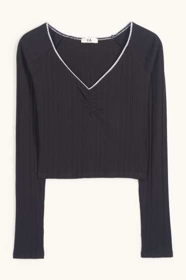 Dona - Samarreta crop de màniga llarga - de canalé - negre