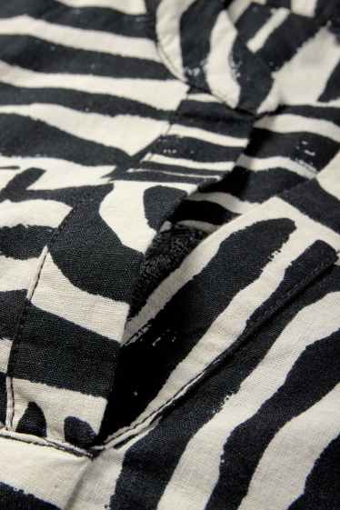 Women - V-neck kaftan - linen blend - patterned - black / beige