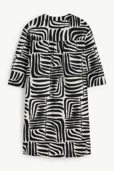 Women - V-neck kaftan - linen blend - patterned - black / beige