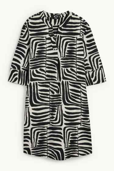 Women - V-neck kaftan - linen blend - patterned - black / beige