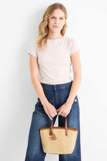 Femmes - Petit cabas en paille à bandoulière amovible - beige