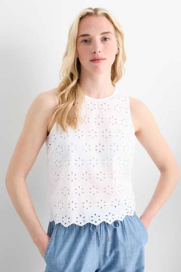 Dames - Blousetop - Broderie Anglaise - wit