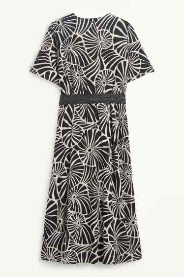 Dames - Viscose jurk met V-hals en riem - met patroon - zwart / beige
