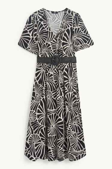 Dames - Viscose jurk met V-hals en riem - met patroon - zwart / beige