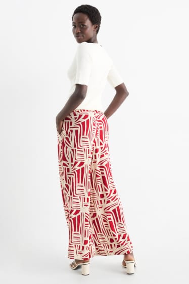Femmes - Pantalon en toile - high waist - wide leg - à motif - rouge / beige