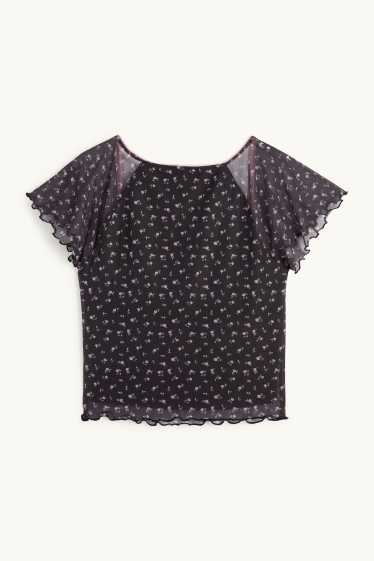 Femei - Tricou crop - cu flori - albastru închis