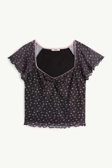 Femei - Tricou crop - cu flori - albastru închis