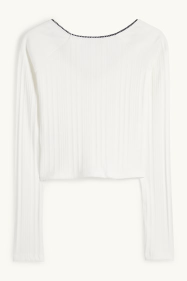 Femei - Tricou crop cu mânecă lungă - reiat - alb