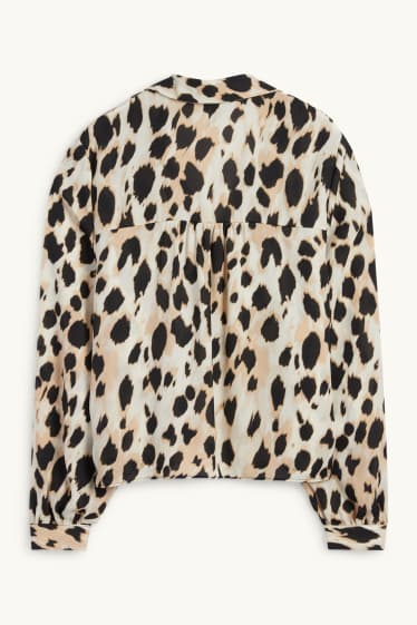 Dames - Blouse met V-hals - luipaardprint - zwart / beige