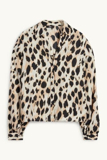 Dames - Blouse met V-hals - luipaardprint - zwart / beige