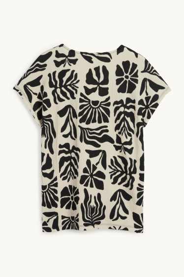 Mujer - Camiseta con escote en pico - regular fit - de flores - negro / beis