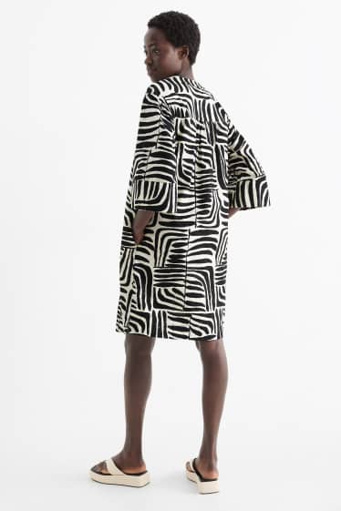 Women - V-neck kaftan - linen blend - patterned - black / beige