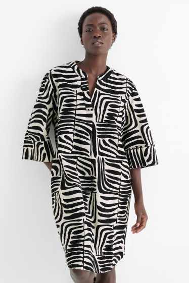Women - V-neck kaftan - linen blend - patterned - black / beige