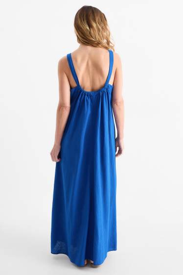 Donna - Vestito con scollo a V - misto lino - blu