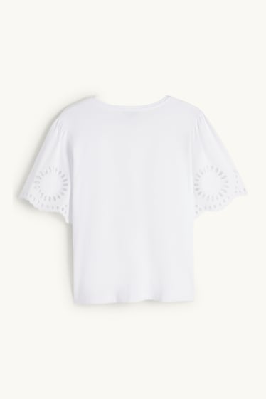 Women - T-shirt - regular fit - broderie anglaise - white