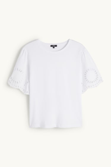 Women - T-shirt - regular fit - broderie anglaise - white