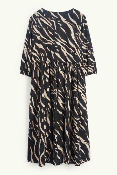 Women - V-neck dress - linen blend - patterned - black / beige