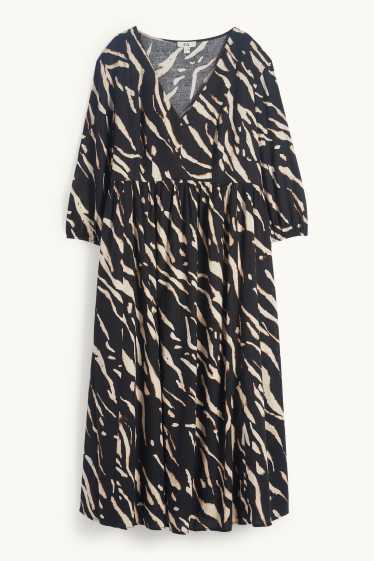 Women - V-neck dress - linen blend - patterned - black / beige