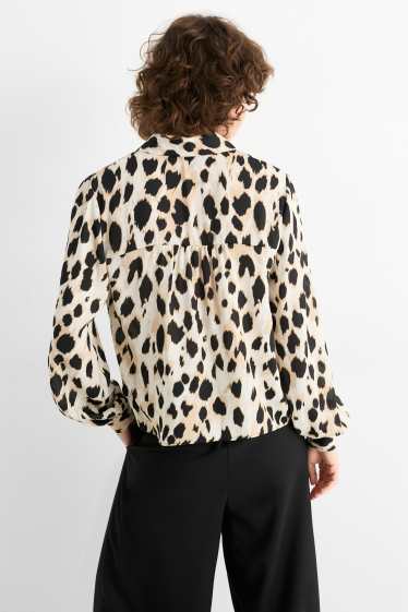 Dames - Blouse met V-hals - luipaardprint - zwart / beige