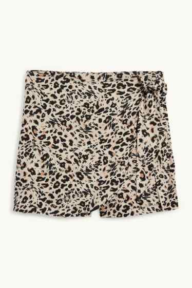 Damen - Skort mit Leinen-Anteil - Leo-Print - schwarz / beige