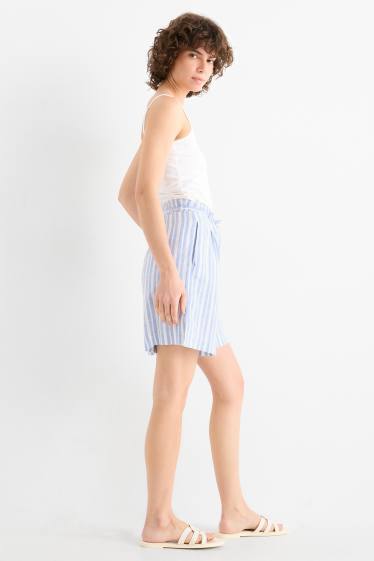 Damen - Shorts - High Waist - Leinen-Mix - gestreift - weiß / hellblau