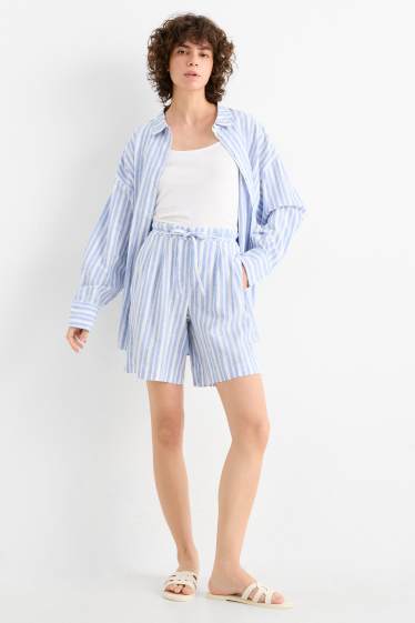 Damen - Shorts - High Waist - Leinen-Mix - gestreift - weiß / hellblau