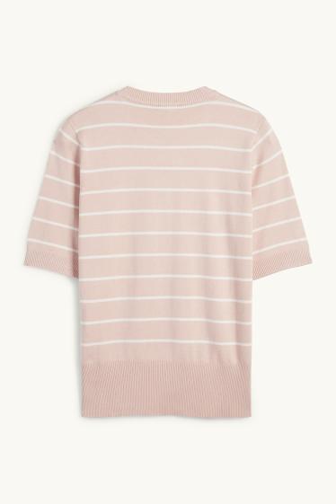 Dames - Gebreide trui - korte mouwen - gestreept - roze
