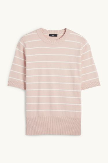 Dames - Gebreide trui - korte mouwen - gestreept - roze