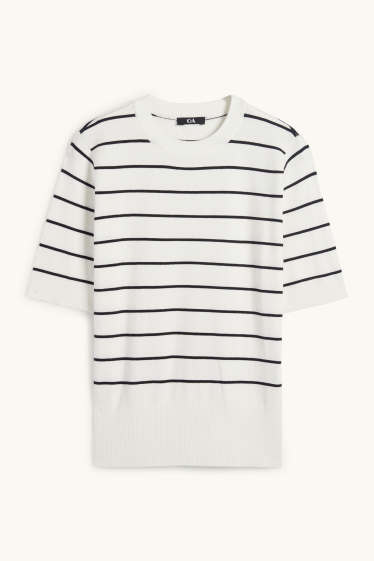 Women - Knitted jumper - short sleeve - striped - white