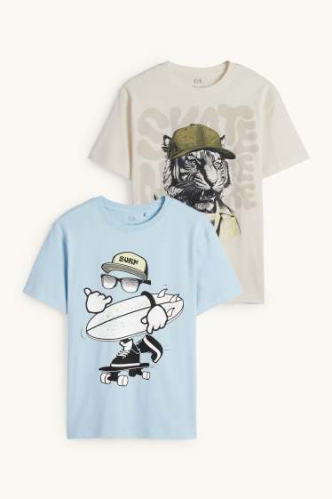 Kinderen: jongens - Set van 2 - surfer en skater - T-shirt - roze / blauw