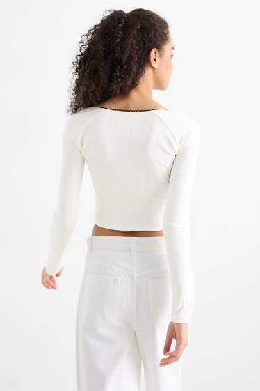 Femei - Tricou crop cu mânecă lungă - reiat - alb