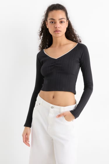 Dona - Samarreta crop de màniga llarga - de canalé - negre