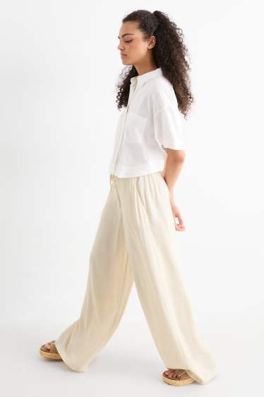 Damen - Stoffhose mit Leinen-Anteil - Mid Waist - Wide Leg - hellbeige