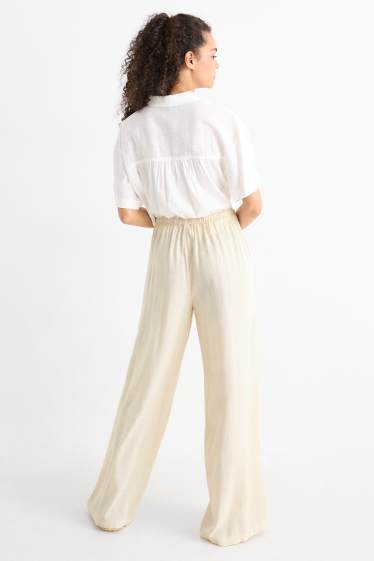 Damen - Stoffhose mit Leinen-Anteil - Mid Waist - Wide Leg - hellbeige