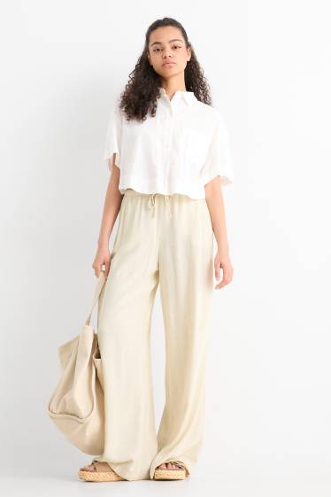 Damen - Stoffhose mit Leinen-Anteil - Mid Waist - Wide Leg - hellbeige