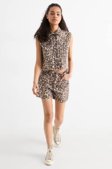 Femmes - Short en jean - high waist - imprimé léopard - noir / beige