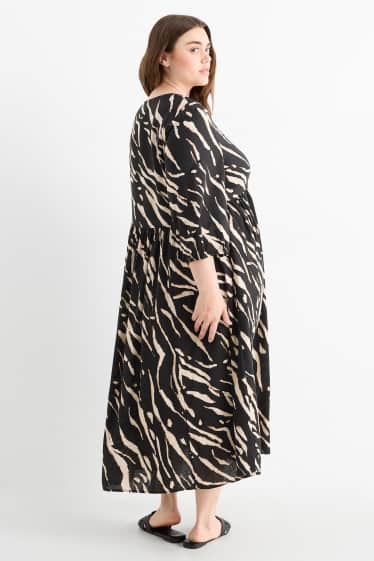 Women - V-neck dress - linen blend - patterned - black / beige