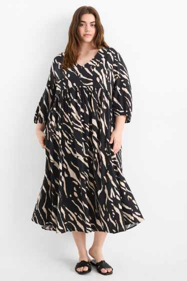 Women - V-neck dress - linen blend - patterned - black / beige